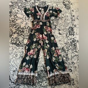 Angie Floral Jumpsuit with Lace Trim - Green and Pink